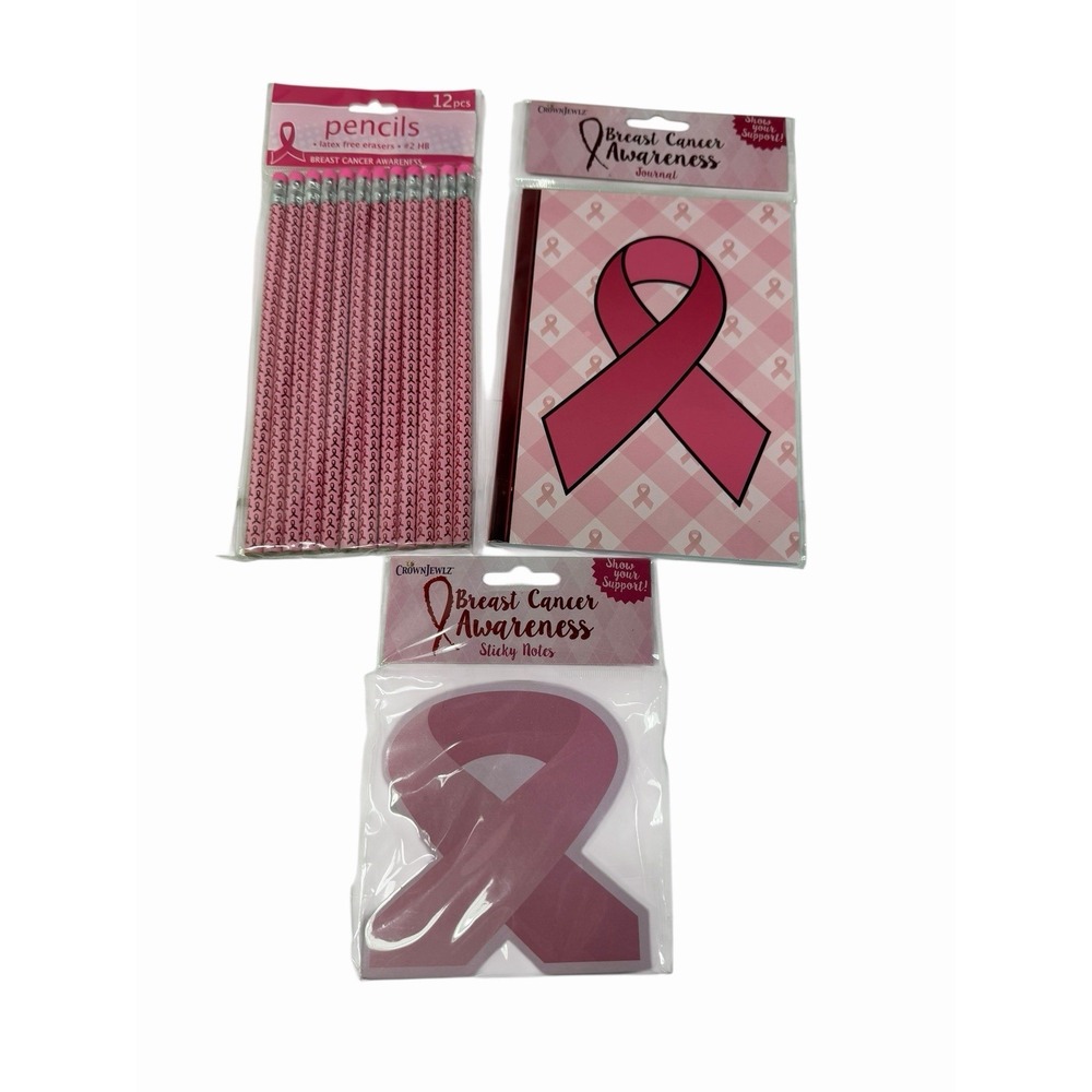crown jewlz pink ribbon awareness office school stationary set pencils note pads